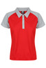 A red polo shirt with grey sleeves and a collar, featuring a logo on the upper left.