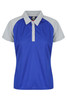 A blue polo shirt with grey accents and a collar, featuring a logo on the chest.