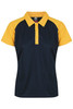 A navy and yellow polo shirt with a collared neckline and short sleeves. It features a logo.