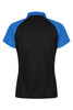 A black polo shirt with blue sleeves and a collar, featuring a logo on the back.