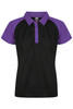 A black and purple polo shirt featuring a collar, short sleeves, and a logo on the collar.
