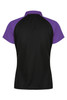 A polo shirt featuring a black body and purple sleeves, with a logo on the design.