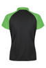 A polo shirt featuring a black body and green sleeves, with a collar and a subtle logo on the shirt.