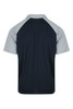 A navy and light grey polo shirt with a raglan design, featuring short sleeves and a collar.