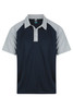 Navy blue and light grey polo shirt featuring a collar and short sleeves, with a logo on the chest.