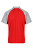 A red and grey polo shirt with short sleeves and a mesh design. Features a logo on the front.