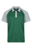 A green and grey polo shirt with a logo on the front, featuring short sleeves and a collar.