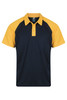 A navy and yellow polo shirt with a collar and short sleeves, featuring a logo on the chest.
