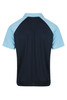 A navy and light blue polo shirt with short sleeves and a classic collar, featuring a logo on the front.