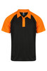 A black and orange polo shirt featuring short sleeves and a collared neck, with a logo on the chest.
