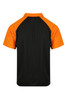 A polo shirt featuring black and orange colours, showcasing short sleeves and a classic collar. The shirt has a logo.