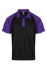 A black and purple polo shirt featuring a logo on the chest, designed for men.