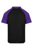 A men's polo shirt featuring a black body with purple raglan sleeves and a logo on the back.