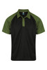 A black polo shirt with green sleeves and a logo on the chest, featuring a classic collar and short sleeves.