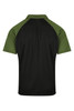 A men's polo shirt featuring a black body with green sleeves, showcasing a clean, simple design.