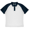 A navy and white polo shirt featuring a collared neckline and short raglan sleeves. It has a logo on the chest.