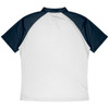 A polo shirt with a white body and navy blue sleeves, featuring a logo on the chest.
