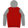 A red and grey hoodie featuring a hood and long sleeves, with a logo on the back.