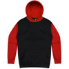 A black hoodie with red sleeves and a red hood, featuring a front pocket and a logo on the upper chest.