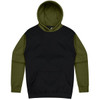 A green and black hoodie with a front pocket and a hood, featuring a logo on the upper area.