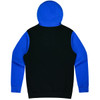 A hoodie featuring a blue hood and sleeves with a black body, complete with a logo.