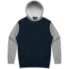 A hooded jumper featuring a navy body and grey sleeves, with a kangaroo pocket and a logo on the inside.