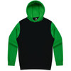 A black hoodie with green sleeves and a hood, featuring a front pocket and a logo.