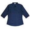 A button-up shirt in navy blue with 3/4 sleeves and a collar. The shirt has a logo on it.