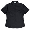 A short sleeve black button-up shirt with a fitted design and a collar, featuring a logo.