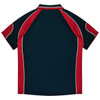 A dark navy polo shirt with red and white details, featuring a collar and short sleeves. It has a logo at the chest.
