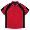 A red and black polo shirt featuring a collar and short sleeves, with a logo on the front.