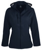 A navy blue soft shell jacket with a hood and zippered pockets, featuring a logo on the front.