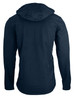 A dark navy soft shell jacket with a hood, featuring a simple design and no visible branding on the back.