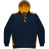 A navy hoodie featuring yellow accents on the shoulders and a front pocket. Includes a drawstring hood.