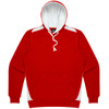A red hoodie featuring a white hood and side panels, with a front pocket and a logo.