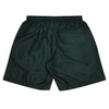 Dark green sports shorts featuring an elastic waistband and a back pocket. Includes branding on the garment.