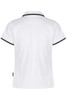 A white polo shirt with black trim and a logo. The shirt features a classic collar and short sleeves.