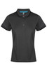 A black polo shirt with a collar and short sleeves, featuring a logo on the chest area.