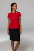 A red polo shirt with white detailing, worn with a black skirt. The shirt has a logo on it.