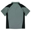 A polo shirt in grey with black accents, featuring a standard collar and short sleeves. It has a logo on the front.