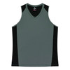 A grey singlet with black side panels and a v-neck design, featuring a logo on the inside label.