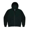 A dark green zip-up men's hoodie featuring a hood and front pockets. Includes a logo on the inner tag.
