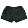 A pair of dark green rugby kids shorts with an elastic waistband and a smooth, shiny fabric finish.