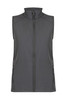 A grey vest featuring a zip front and side pockets, with a fitted design and no sleeves.