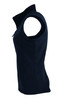 A black women's vest with a zip and sleeveless design, featuring a side view and a logo on the fabric.