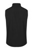 A black sleeveless vest featuring a collar and a smooth texture. The vest has a logo on the back.