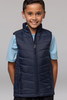 A navy puffer vest designed for children, featuring a zip front and side pockets.