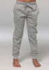 Tapered fleece kids' pants in grey, featuring a drawstring waist and ribbed cuffs. Suitable for casual wear.