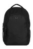 A black backpack with a zippered front pocket and mesh side pockets, featuring a logo on the front.