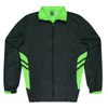 A dark green tracktop with bright lime green accents and a zippered front. Features side pockets and a collar.